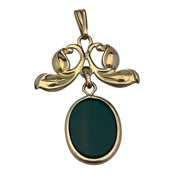 Vintage 1950s Art Nouveau Revival Pendant Green Cabochon Gold Filled - 7S - Picture 4 of 5
